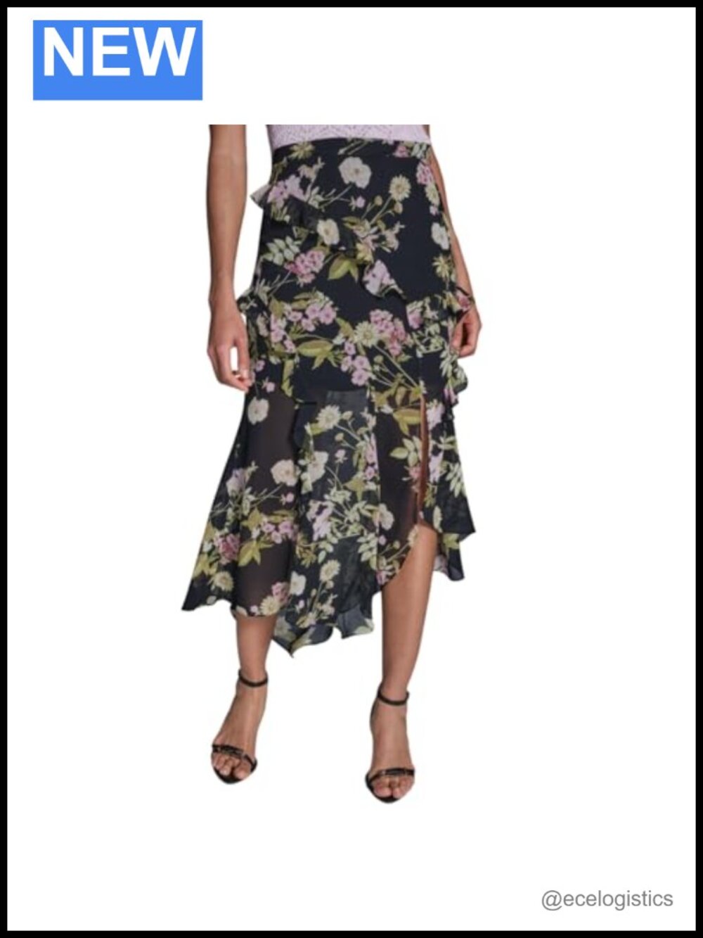 Midi Ruffle Skirt High Rise Zip Closure Polyester